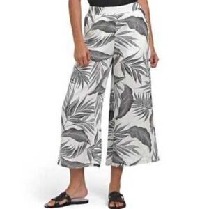 Tahari Black and Tan tropical print Wide Leg linen pants XL